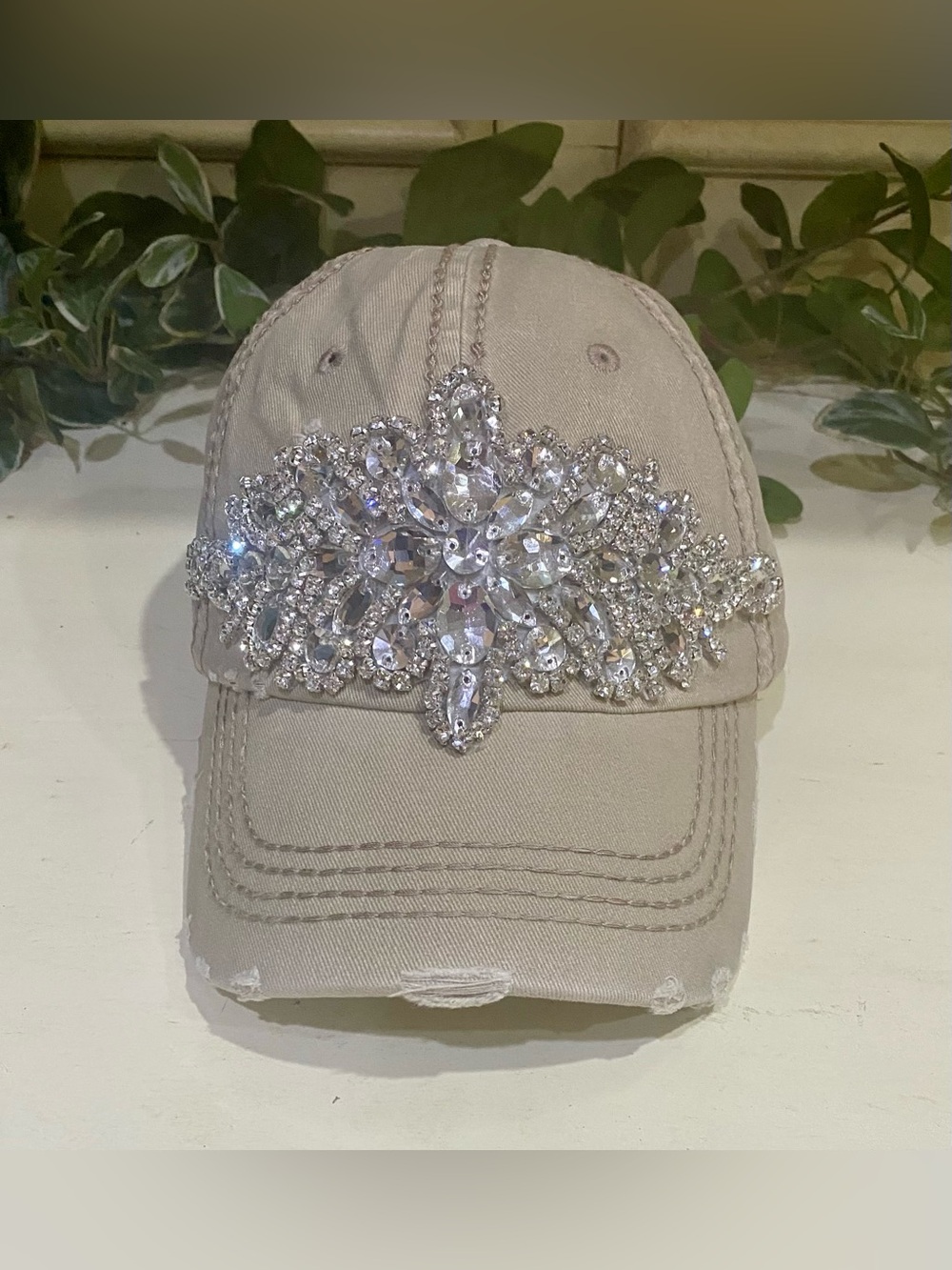 BRAND NEW WITH TAGS Khaki Distressed Rhinestone Cap